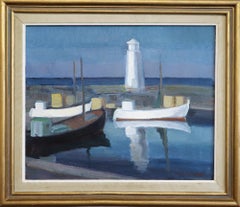 Mid Century Modern Vintage Swedish Seascape Oil Painting - Harbour in Blue