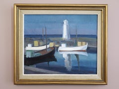 Mid Century Modern Vintage Swedish Seascape Oil Painting - Harbour in Blue