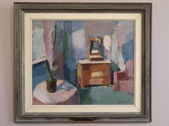 Mid-Century Modern Vintage Swedish Interior Oil Painting - The Pastel Room