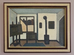Mid-Century Modern Vintage Swedish Interior Oil Painting - The Artist's Room
