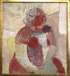 Mid-Century Modern Swedish Abstract Figurative Oil Painting -Portrait in Crimson