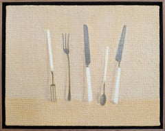 Peinture à l'huile contemporaine britannique de 2026 représentant une nature morte – Couteaux et fourchettes n° 2