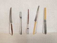 Peinture à l'huile contemporaine britannique de 2026 représentant une nature morte – « Couteaux et fourchettes n° 3 »
