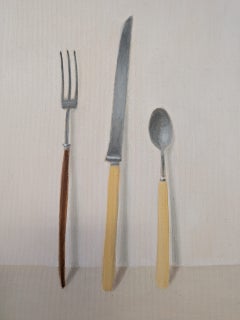 Peinture à l'huile contemporaine britannique de 2026 représentant une nature morte – « Couteaux et fourchettes n° 4 »