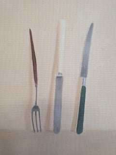 Peinture à l'huile contemporaine britannique de 2026 représentant une nature morte – « Couteaux et fourchettes n° 6 »