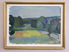 Pintura al óleo de estilo «Mid Century Modern» con un paisaje abstracto sueco: «Fields Beyond»