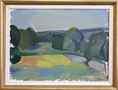 Pintura al óleo de estilo «Mid Century Modern» con un paisaje abstracto sueco: «Fields Beyond»
