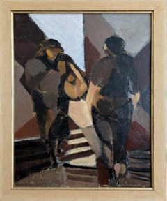 Mid Century Modern Swedish Abstract Figurative Oil Painting - Crossing Paths