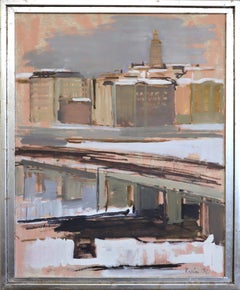 1971 Mid Century Modern Vintage Swedish Urban Landscape Oil Painting -City Forms