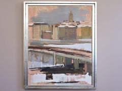 1971 Mid Century Modern Vintage Swedish Urban Landscape Oil Painting -City Forms