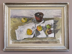 1945 Vintage Swedish Expressive Still Life Oil Painting - Citrus & Pot