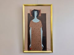 Figuratives Ölgemälde im schwedischen Mid-Century-Modern-Stil – Frau mit einer roten Blume