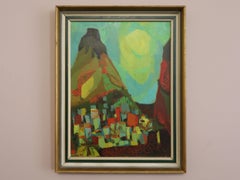 1949 Mid Century Modern Expressive Landscape Oil Painting - Sun Over the Hills