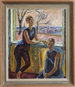 Pintura figurativa sueca al óleo de estilo «Mid-Century Modern» - «Figuras junto a la ventana»