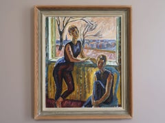 Pintura figurativa sueca al óleo de estilo «Mid-Century Modern» - «Figuras junto a la ventana»