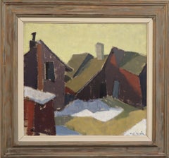Pintura al óleo vintage de estilo «Mid Century Modern» con una escena urbana finlandesa: casas en la nieve