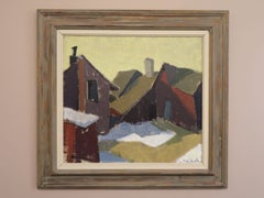 Pintura al óleo vintage de estilo «Mid Century Modern» con una escena urbana finlandesa: casas en la nieve