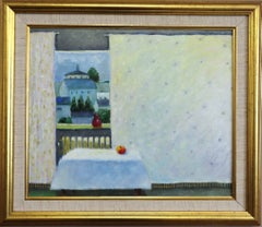 Mid-Century Modern Vintage Swedish Interior Oil Painting - Room with a View