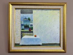 Mid-Century Modern Vintage Swedish Interior Oil Painting - Room with a View