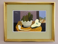 Mid Century Modern Vintage Still Life Tempera Painting - Tabletop with Pears