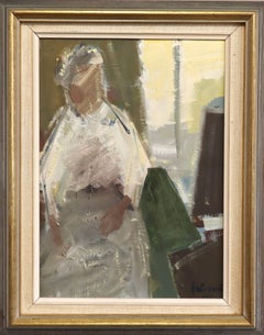 1961 - Dipinto figurativo svedese a olio in stile Mid-Century Modern - Il posto vicino alla finestra