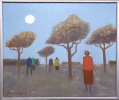 Figuratives Landschaftsgemälde im Mid-Century-Modern-Stil – Unter dem blassblauen Himmel