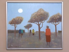 Figuratives Landschaftsgemälde im Mid-Century-Modern-Stil – Unter dem blassblauen Himmel