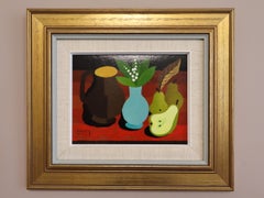 1977 Vintage Original Swedish Still Life Tempera Painting - Blue Vase & Pears