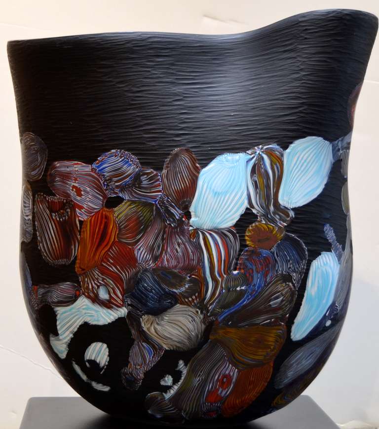 Untitled Murano Glass Vessel in Black with Colored Organic Forms - Sculpture by Massimiliano Schiavon