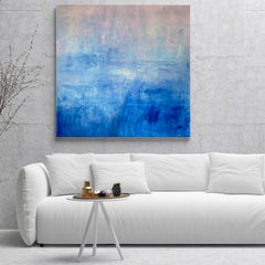 Pintura abstracta «Campo azul, cielo rosa», lienzo cuadrado grande, original