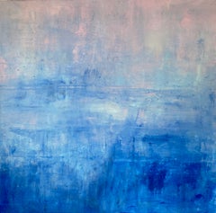 Pintura abstracta «Campo azul, cielo rosa», lienzo cuadrado grande, original