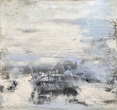 Peinture abstraite bleue sur fond blanc, grande toile carrée, œuvre originale