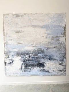 Peinture abstraite bleue sur fond blanc, grande toile carrée, œuvre originale