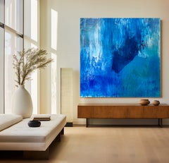 Underwater World Blue Abstract Painting, Large Square Canvas, Original