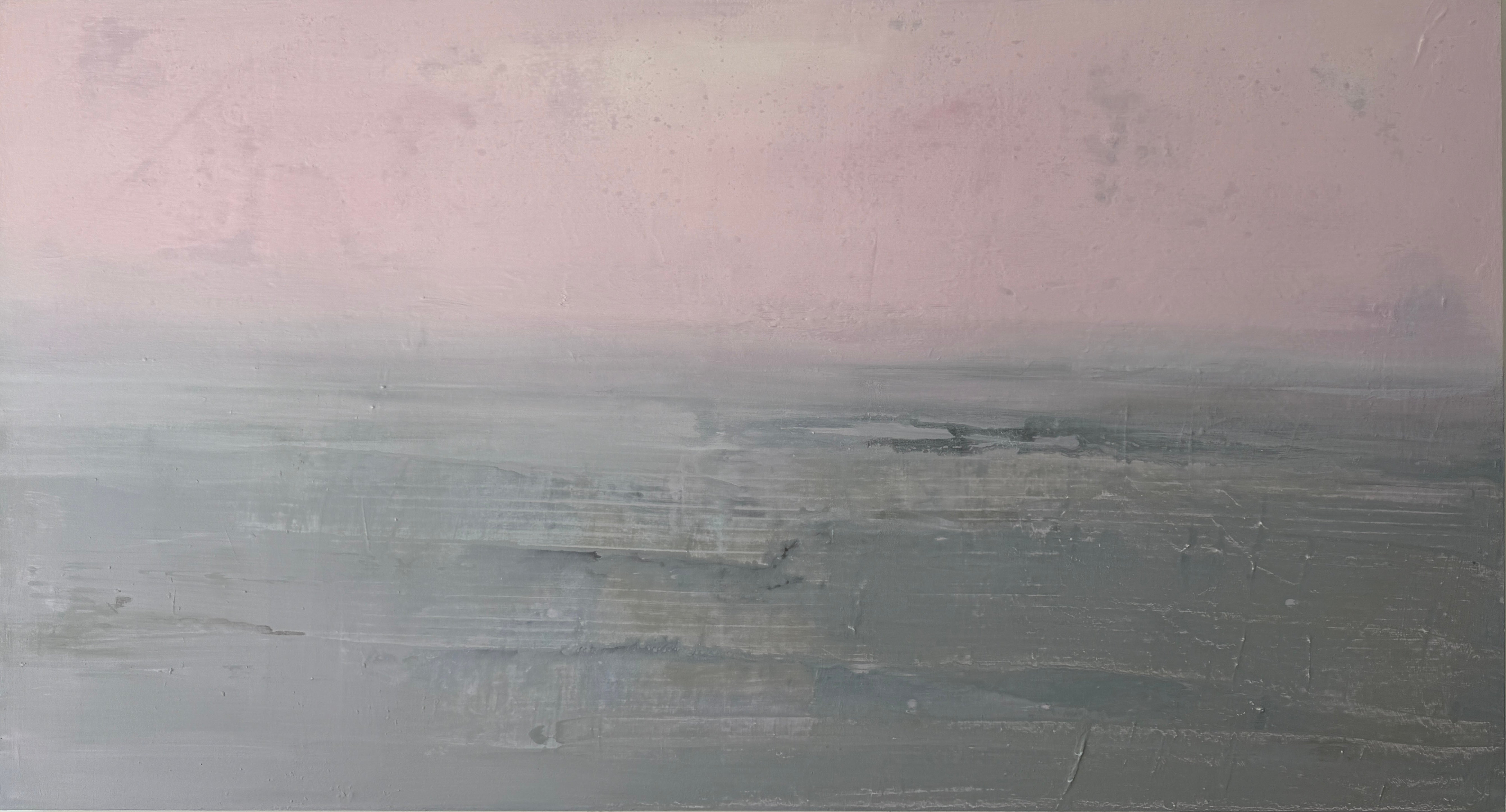 « Nautilus Code » : grande peinture abstraite texturée dans des tons de rose pâle et de gris clair