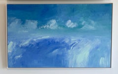 Blue sky clouds, river, abstract landscape painting custom framed 76 x 120