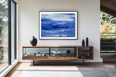 „Abstract in Blue“ – Originalgemälde auf Kunstdruckpapier, 79 cm breit × 56 cm hoch