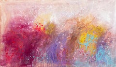 "Dancing Sunlight": grande quadro astratto di grande impatto, giallo, magenta, acquamarina