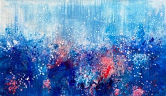 Falling Joy large statement art abstract painting blue pink red blue coral