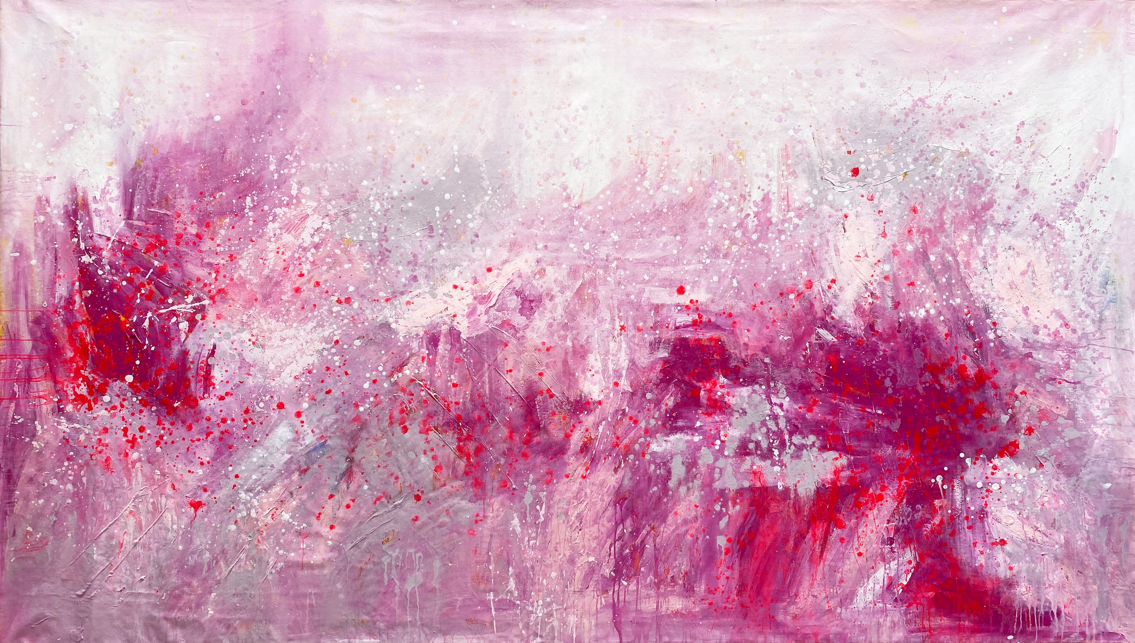 Abstract Painting di Kathleen Rhee - Giardino della Pace  quadro di grande impatto, in stile espressionismo astratto, nei toni del rosa, rosso e bianco