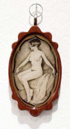 "Grace" Nude, figurative, miniature ink on wood, pendant
