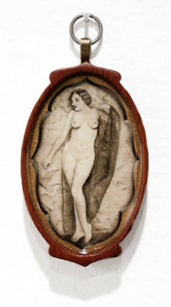 "Helene" Nude, Figurative, Miniature ink on wood, pendant
