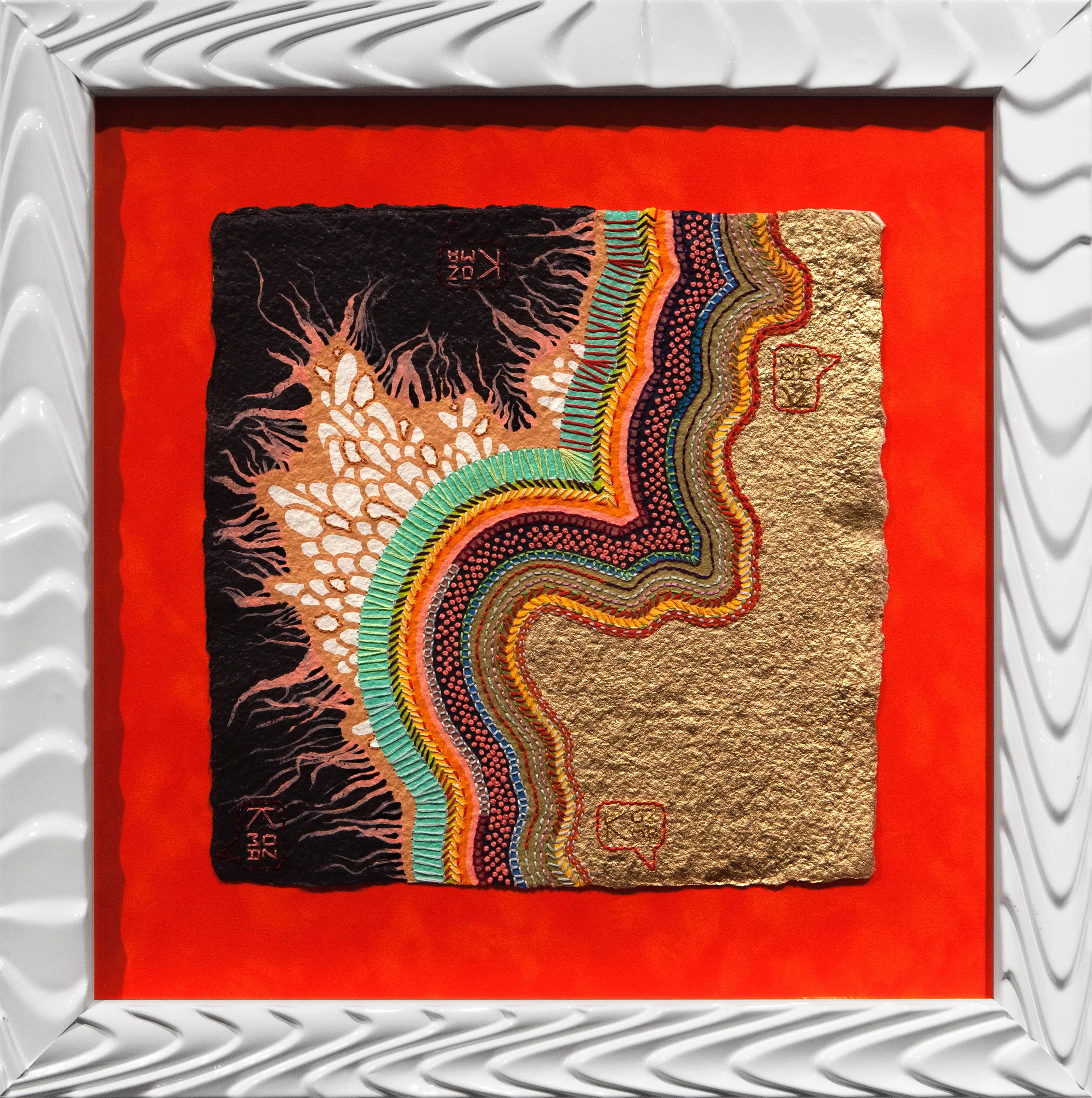 "Charge", Abstract, Wall-Hanging, Hand-Embroidered, Latex, Spray Paint - Mixed Media Art by Kelly Kozma