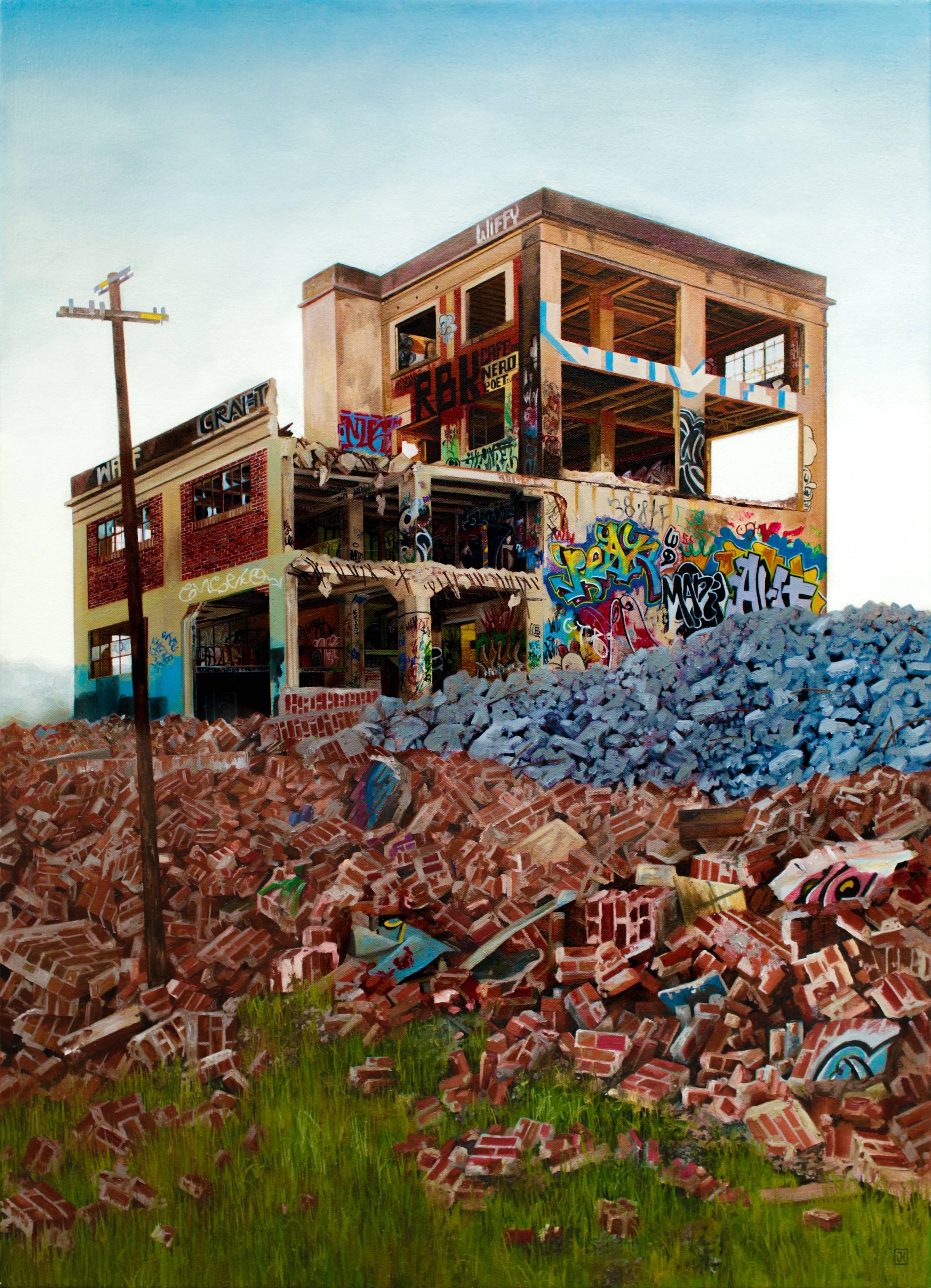 "Demolition Day", Photorealistic oil painting, Graffiti Landscape