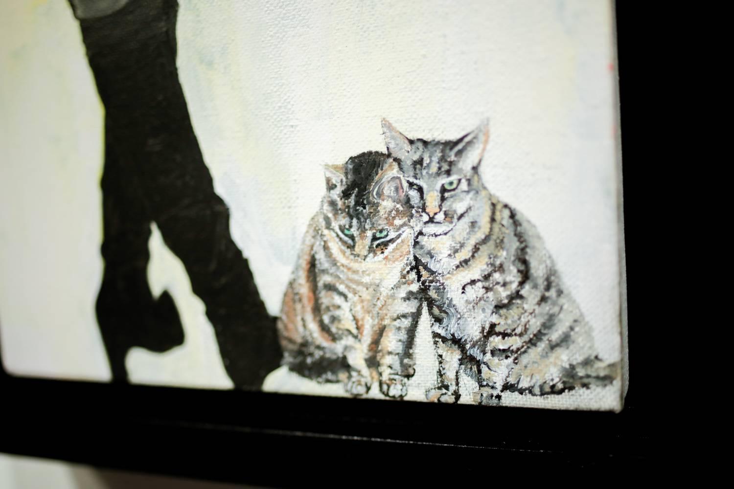 Boots and Cats - Beige Animal Painting by Lauren Rinaldi