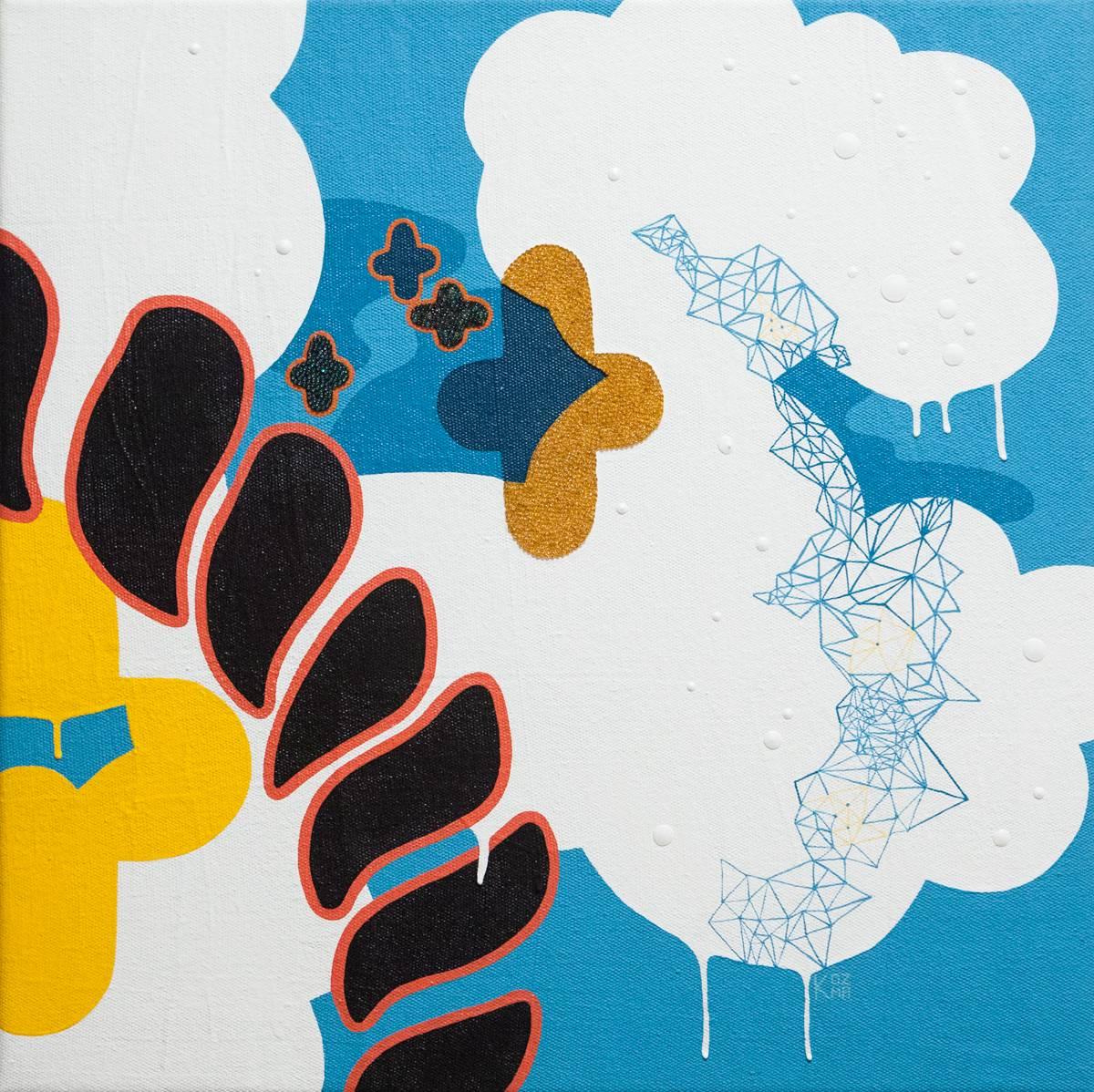 Abstraktes Gemlde Bend, blau, rot, schwarz, gelb, wei – Mixed Media Art von Kelly Kozma