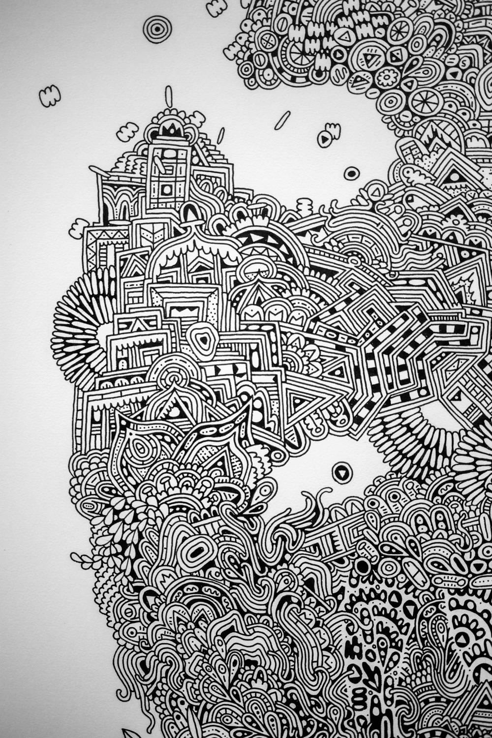 Original 30in x 20in drawing on paper mounted to wood panel by Austin-based Texas artist Sophie Roach.

Sophie Roach is a self-taught artist and illustrator based in Austin, TX. She discovered her passion for compulsive drawing when she was