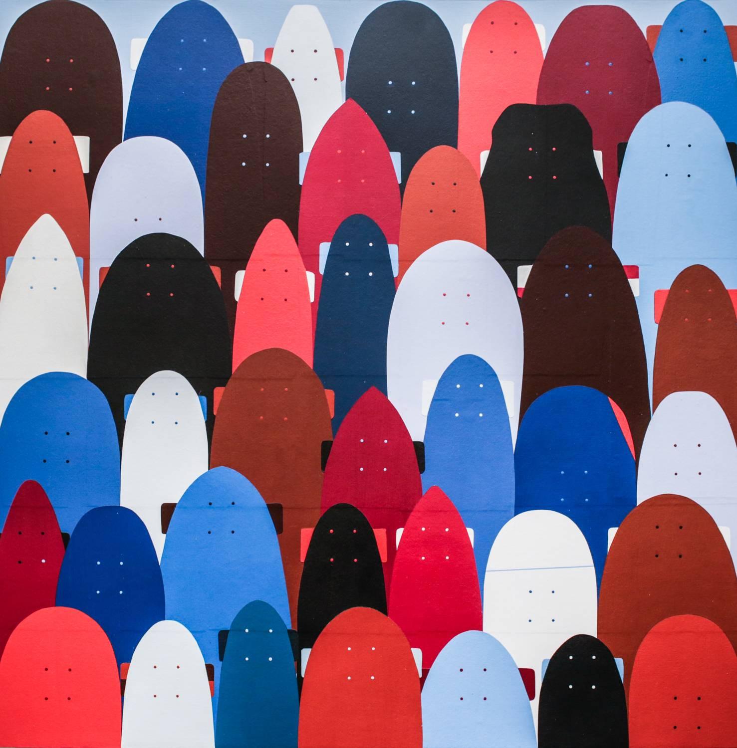 Jim Houser Abstract Painting – "THE LINE UP" Collage on panel, skateboard motifs, pattern, red white blue