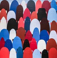 "THE LINE UP" Collage on panel, skateboard motifs, pattern, red white blue