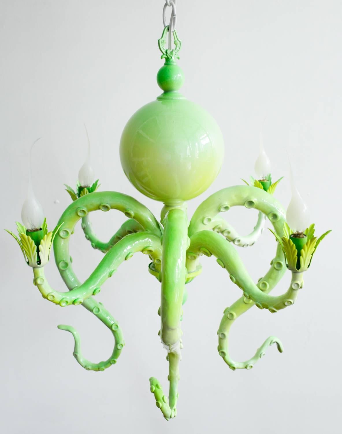 "Chandelier I" Hanging green chandelier with tentacles - Sculpture by Adam Wallacavage